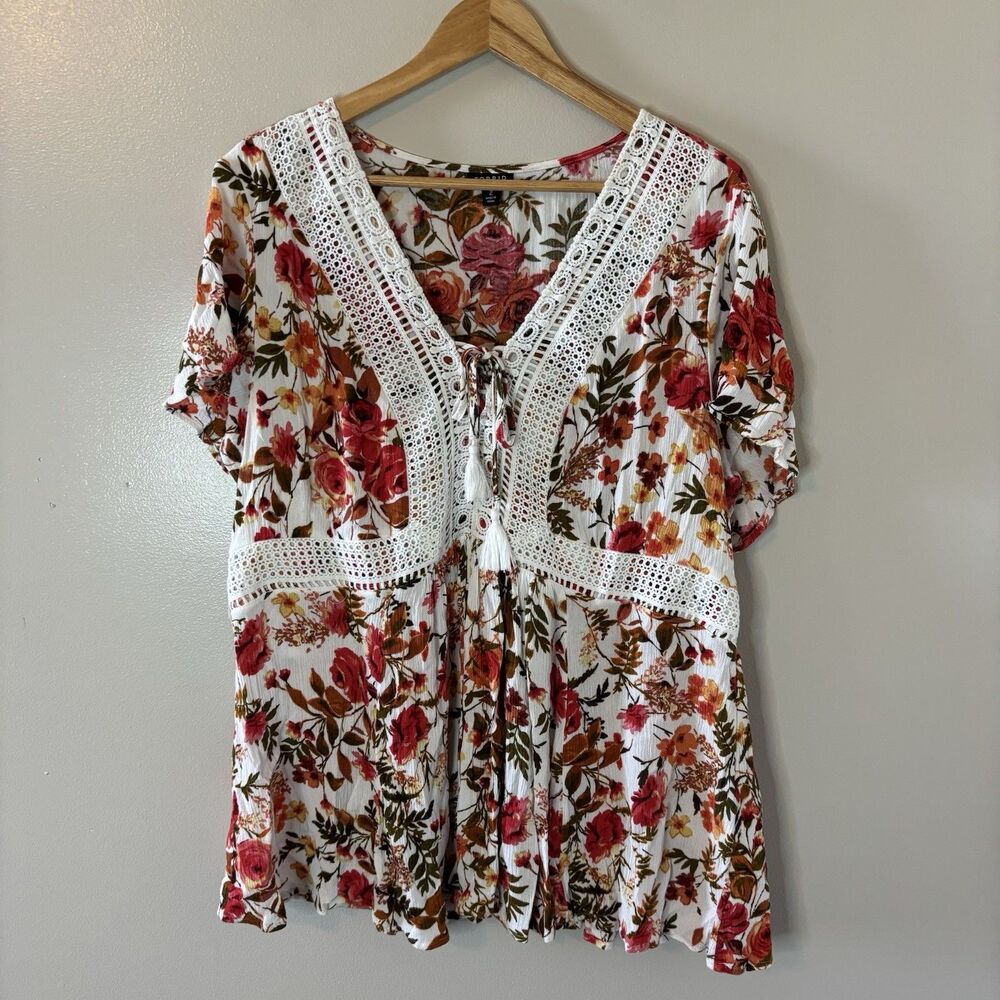 Torrid Floral Babydoll Top Crochet Detail Red Orange Shirt Sz 2X